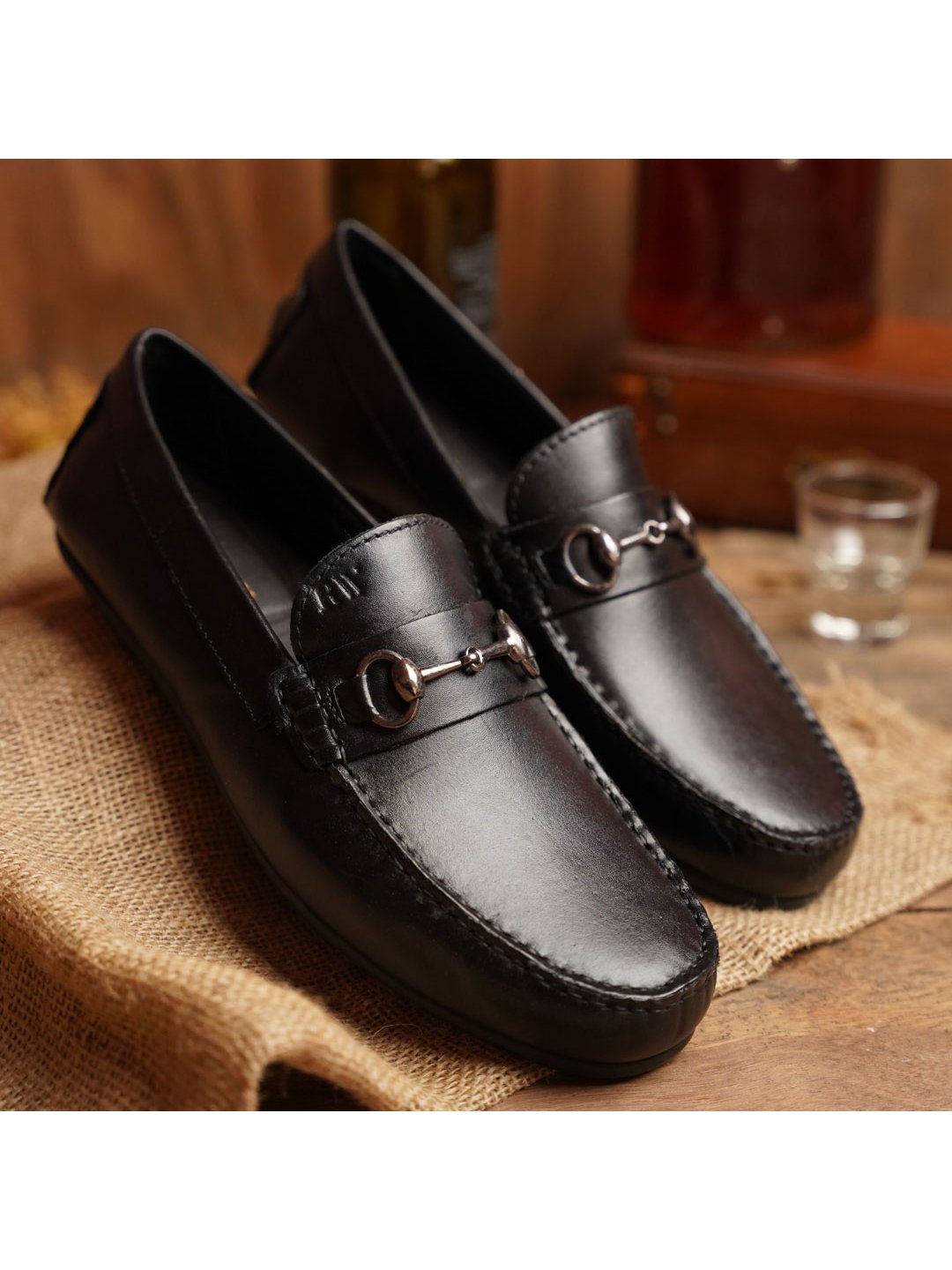 Black Horsebit Moccasins Leather Shoes - Main Image