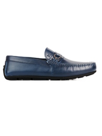 Dark Blue Saddle Buckle Moccasins Leather Shoes main shoe image