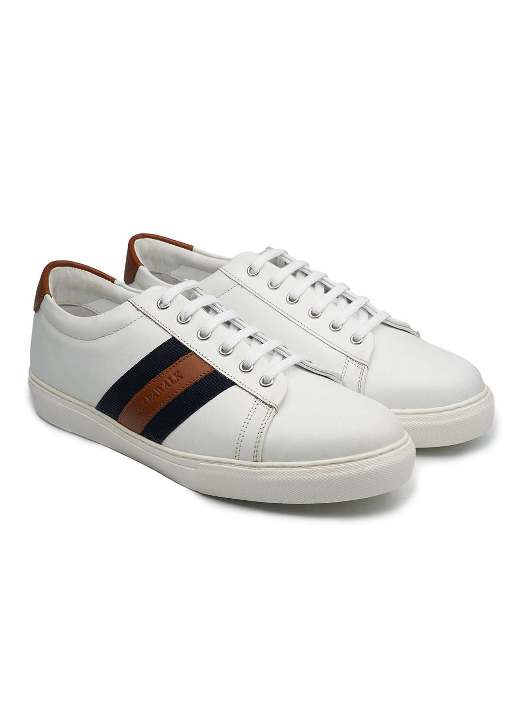 White Striped Classic Sneaker leather shoes for men Rapawalk