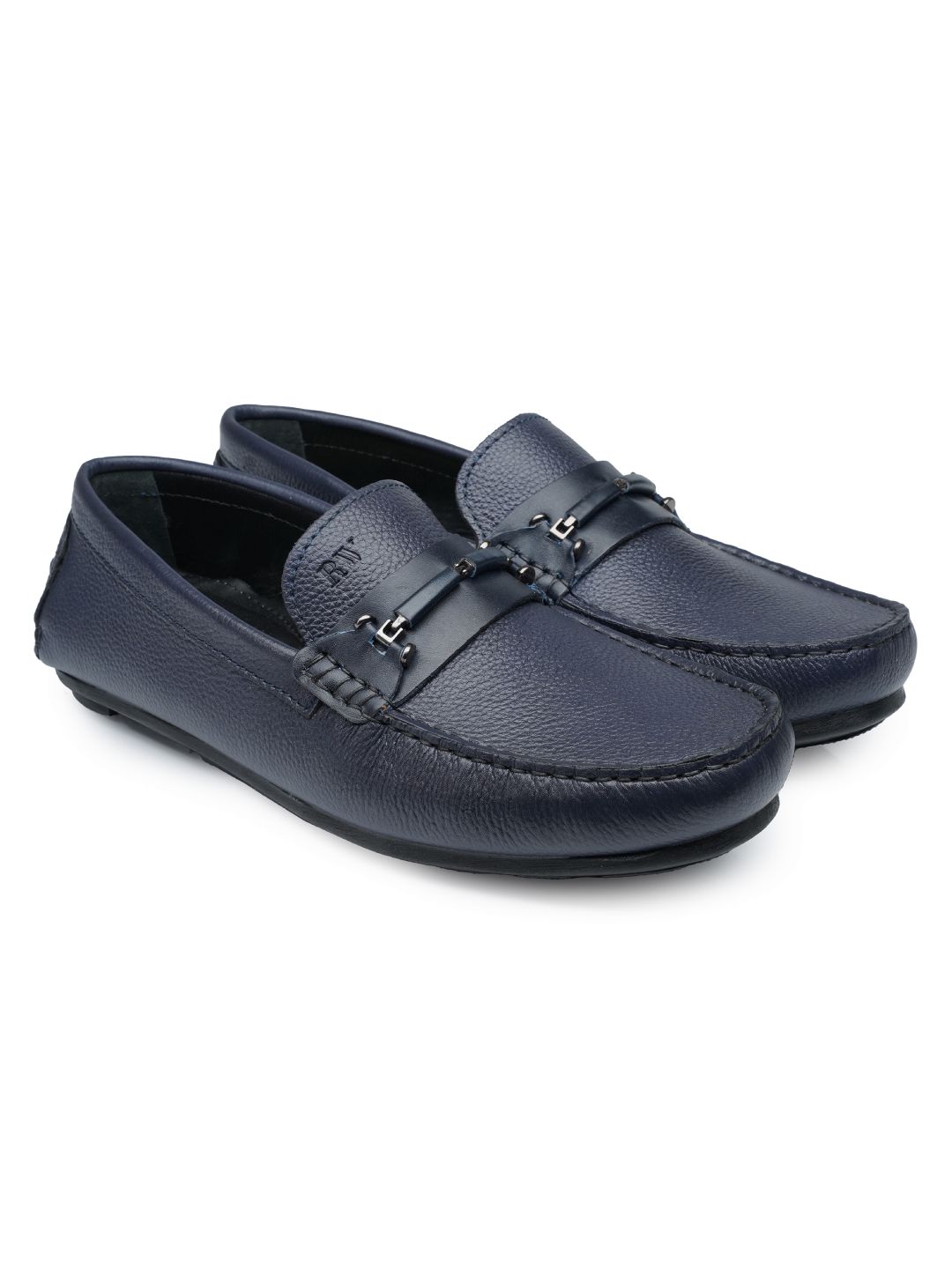Navy Blue Wrap-Buckle Milled Moccasins Leather Shoes leather shoes
