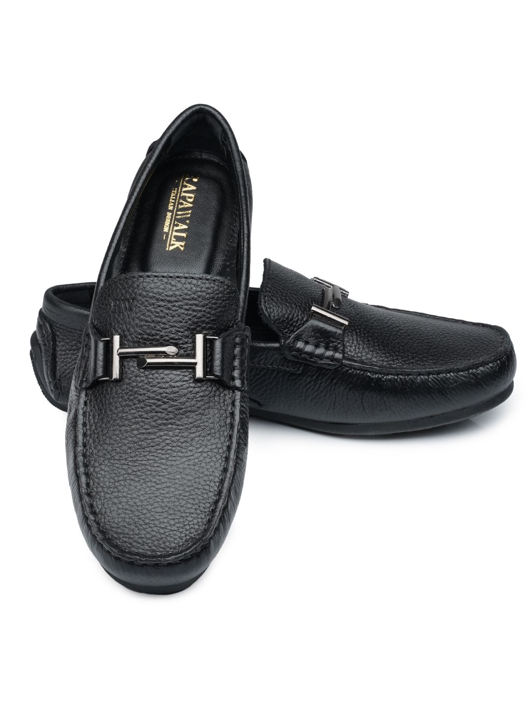 Black T-Buckle Milled Moccasins Leather Shoes - Main Image