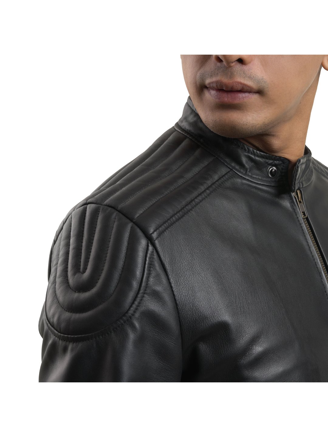 Black Padded Shoulder Biker Leather Jacket1