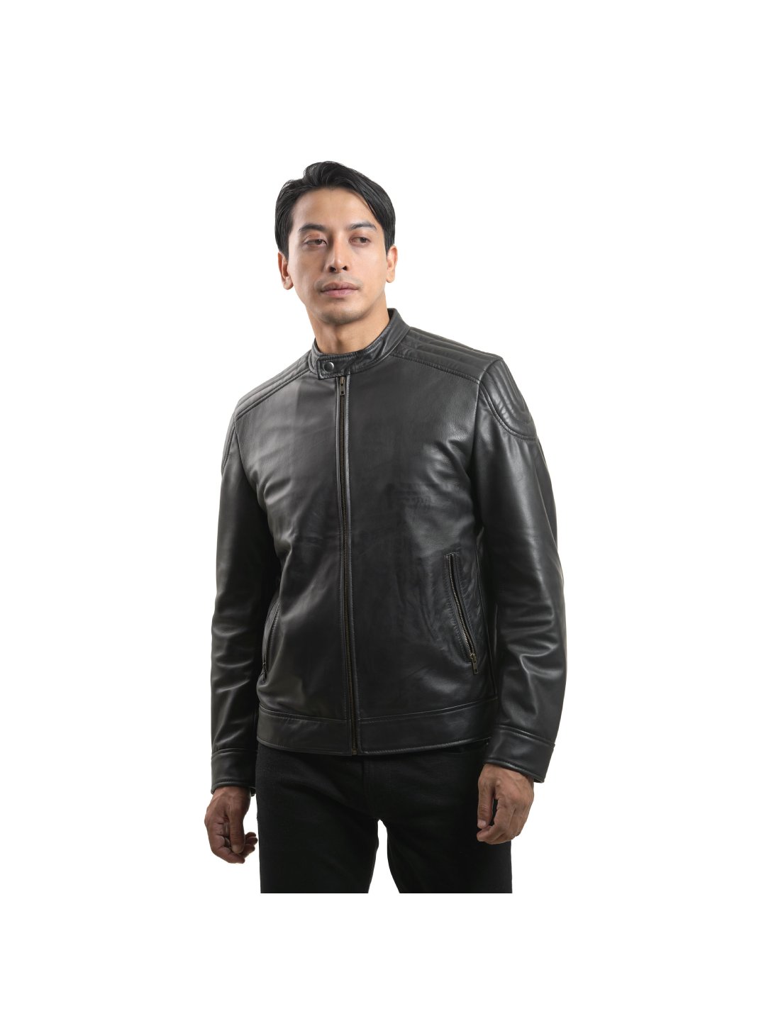 Padded shoulder top leather jacket