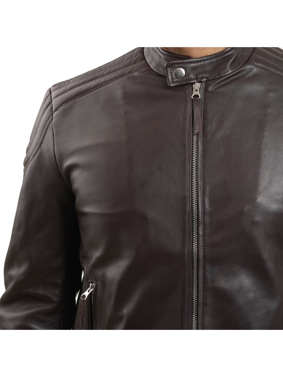 Brown Padded Shoulder Biker Leather Jacket - Main Image