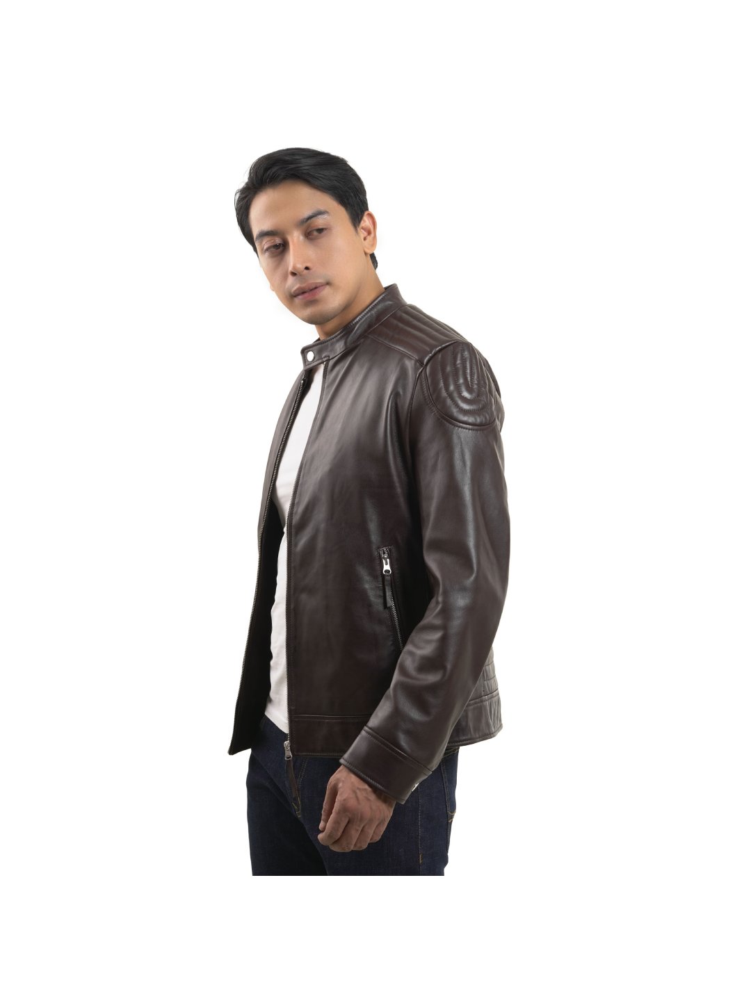 Brown Padded Shoulder Biker Leather Jacket - Main Image