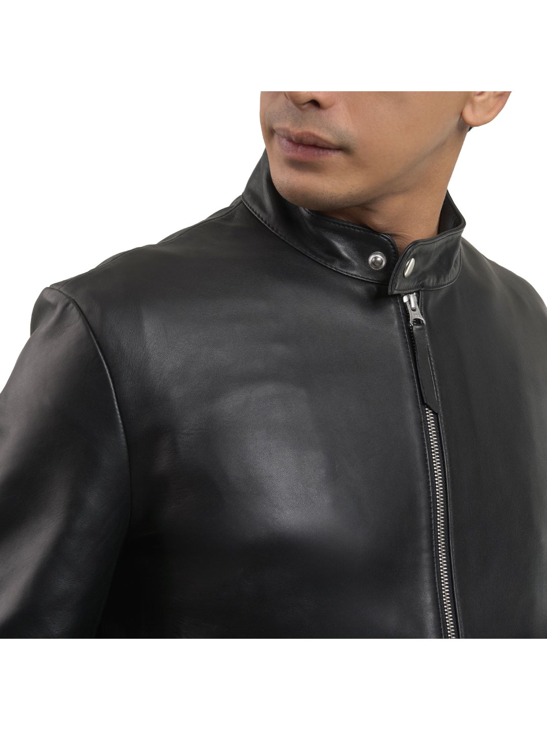 Black Cafe Racer Leather Jacket - Main Image