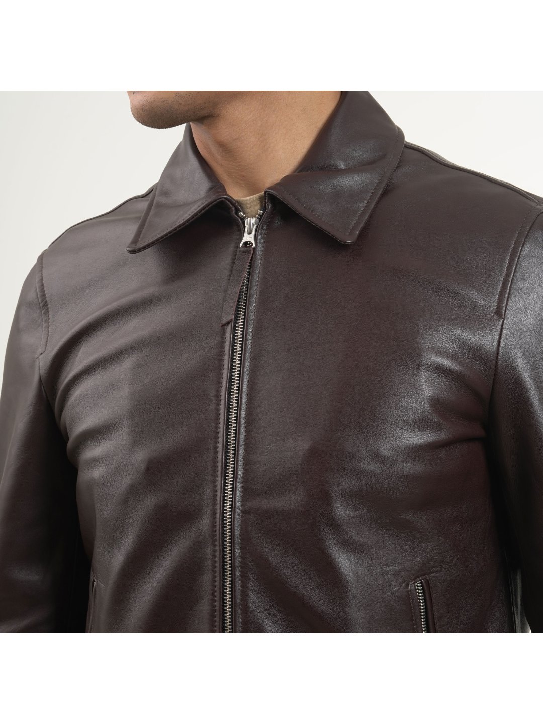 Brown Leather Collar Mens Leather Work Jacket Men's Vintage