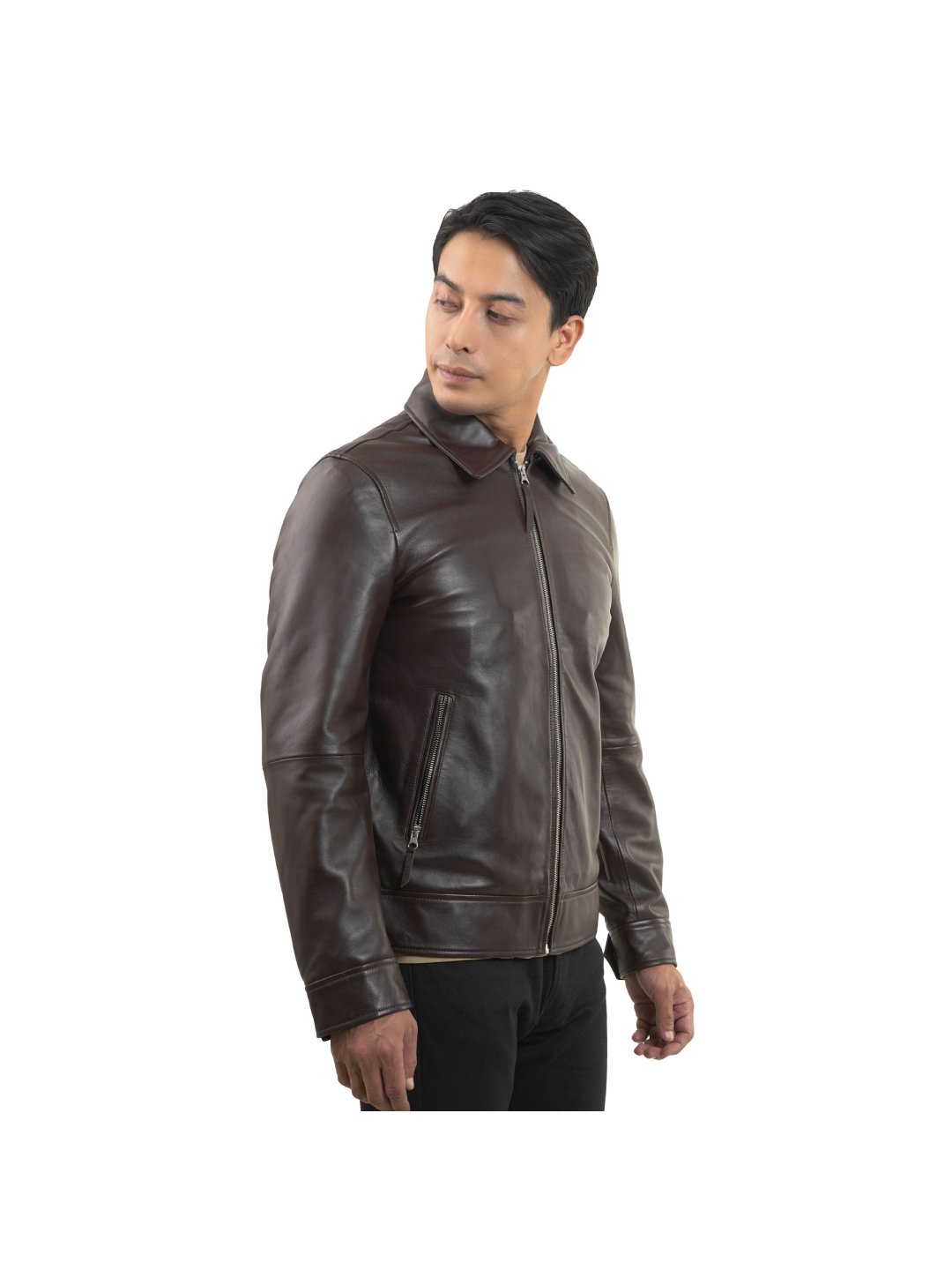 Brown Classic Shirt Collar Leather Jacket - Main Image