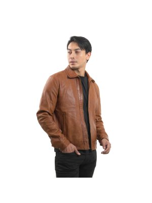 Vintage Tan Retro Shirt Collar Leather Jacket main shoe image