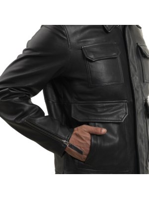 Black Classic Trucker Leather Jacket alternate shoe image