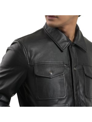 Black Classic Denim Style Leather Jacket alternate shoe image