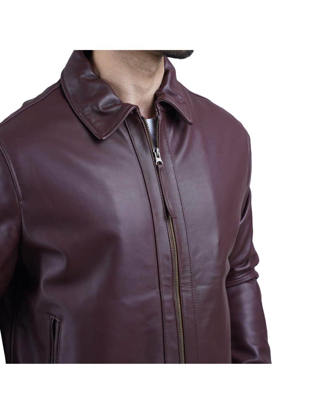 Burgundy Classic Shirt Collar Leather Jacket - Main Image