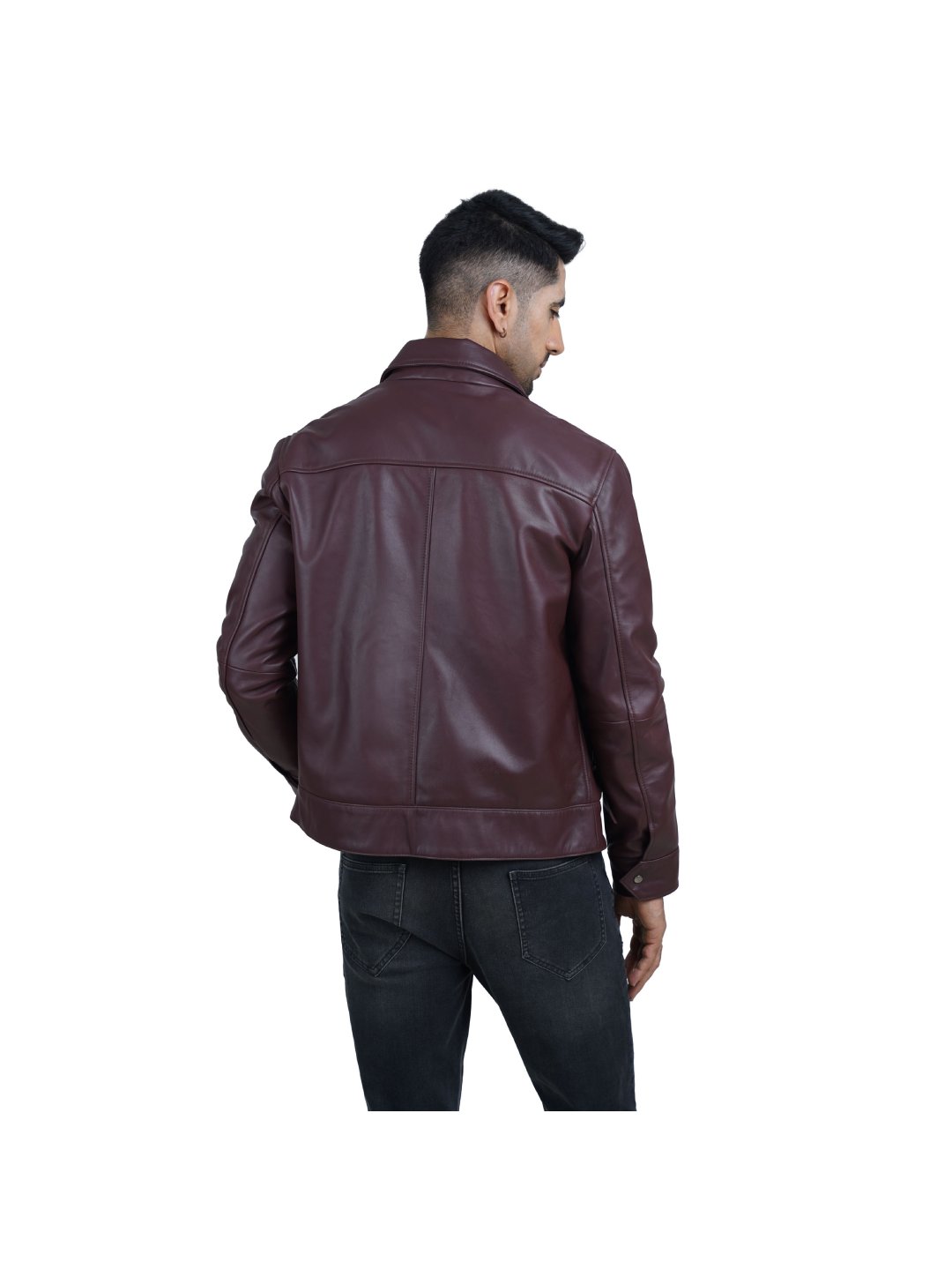 Burgundy Classic Shirt Collar Leather Jacket