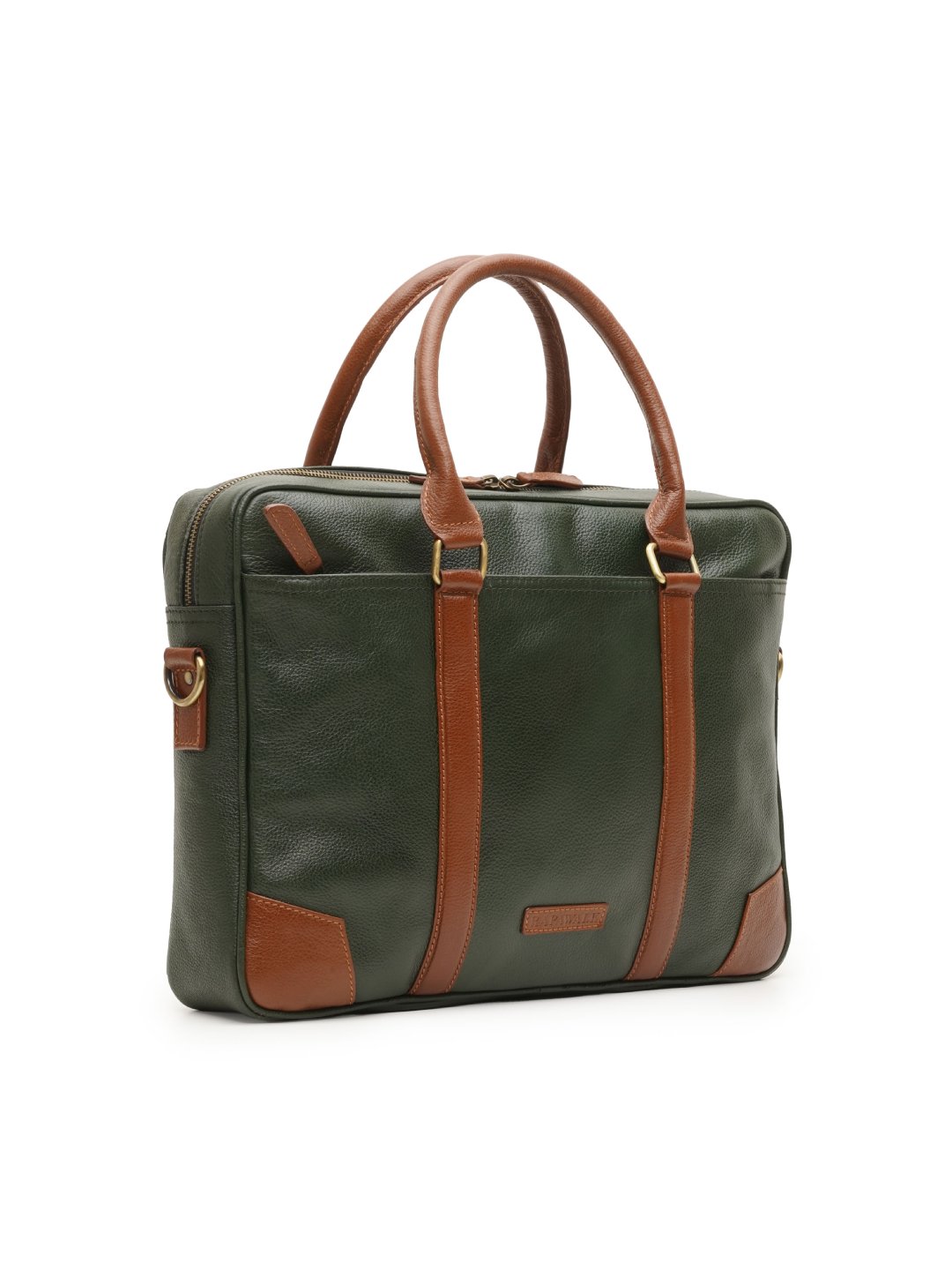 Bottle Green and Tan Briefcase Style Leather Bag - Main Image