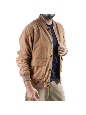 Sand Beige Bomber Suede Leather Jacket alternate shoe image