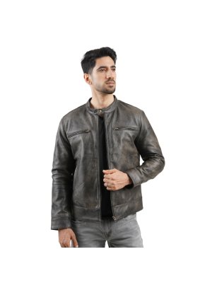 Vintage Gray Cafe Racer Leather Jacket alternate shoe image