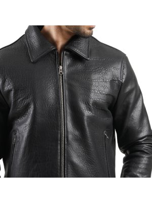 Luxury Black Shirt Collar Textured Leather Jacket alternate shoe image
