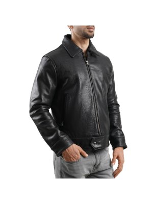 Luxury Black Shirt Collar Textured Leather Jacket main shoe image