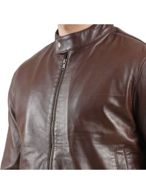 Chestnut Brown Cafe Racer Leather Jacket alternate shoe image